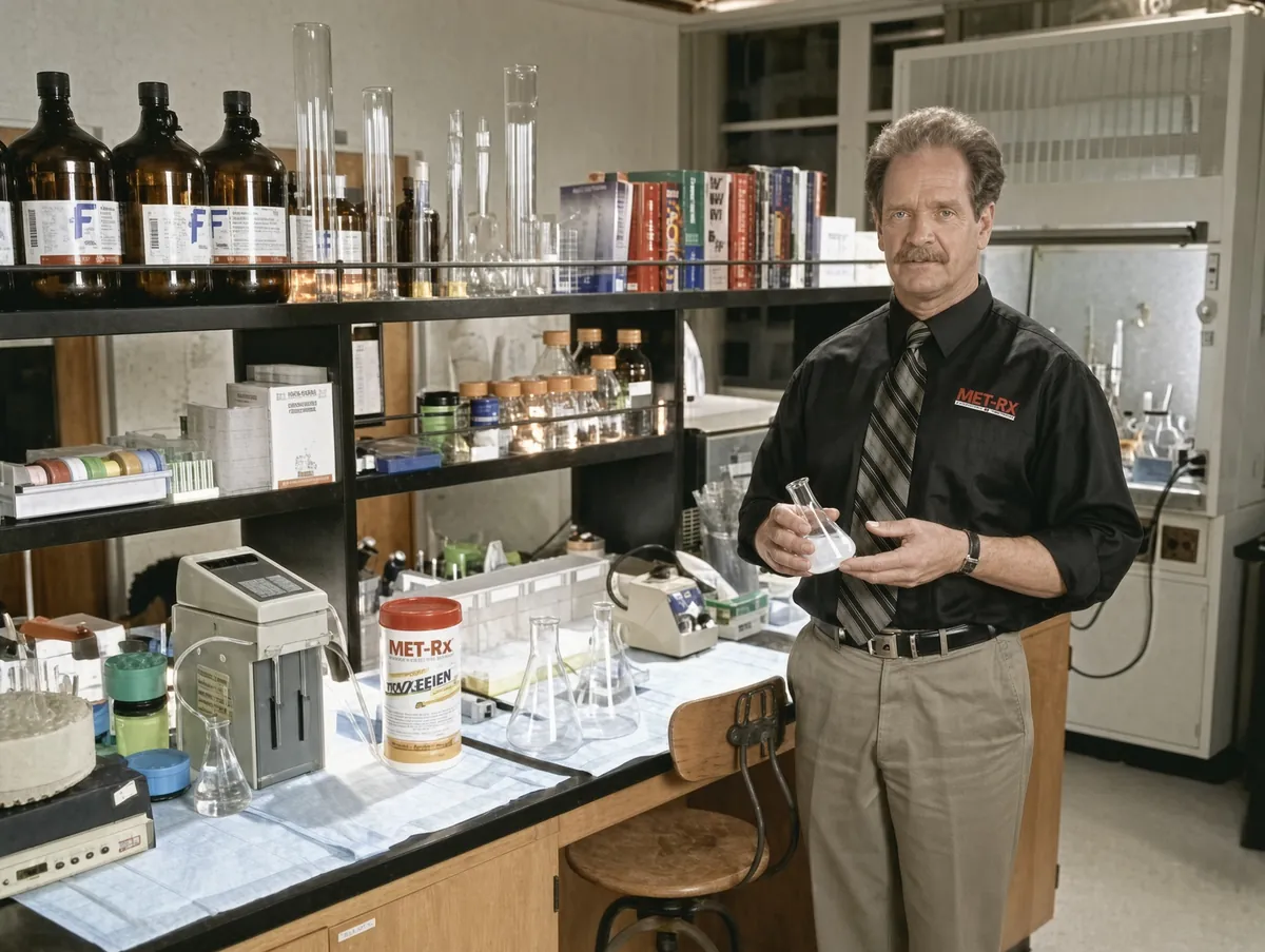 Dr. A. Scott Connelly in a laboratory, wearing a MET-Rx shirt