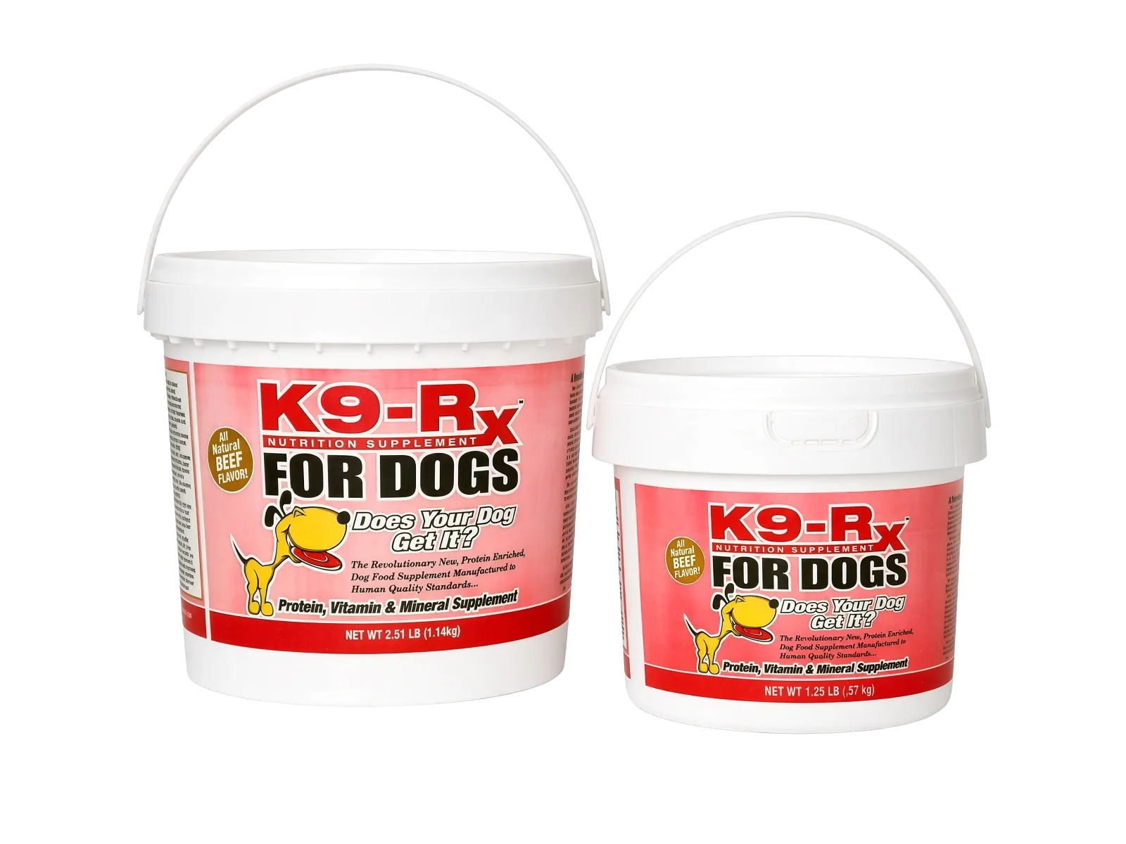 Two tubs of the original K9-Rx For Dogs in its original pink, red and yellow packaging