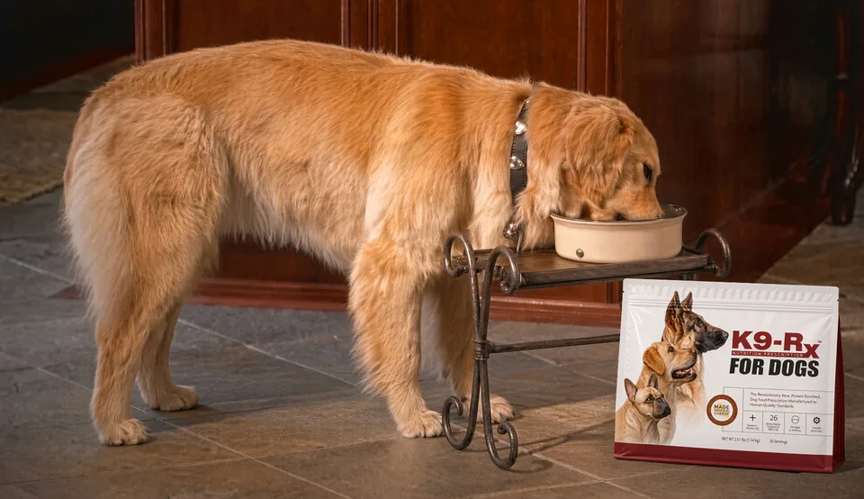 A golden retriever eating from a raised bowl, with a pouch of K9-Rx for Dogs on the floor beside the stand