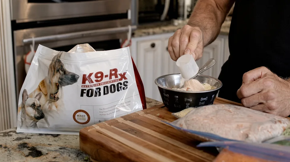 A scoop of K9-Rx being added to a bowl of prepared dog food on a kitchen counter, beside a pouch of K9-Rx for Dogs