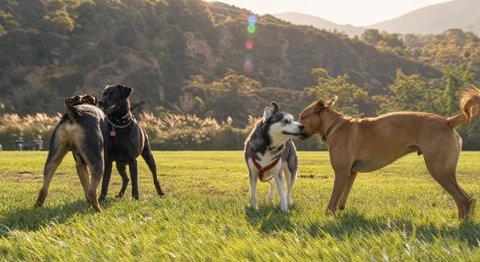 Four dogs of different breeds playing together on a sunlit grassy field below wooded hills