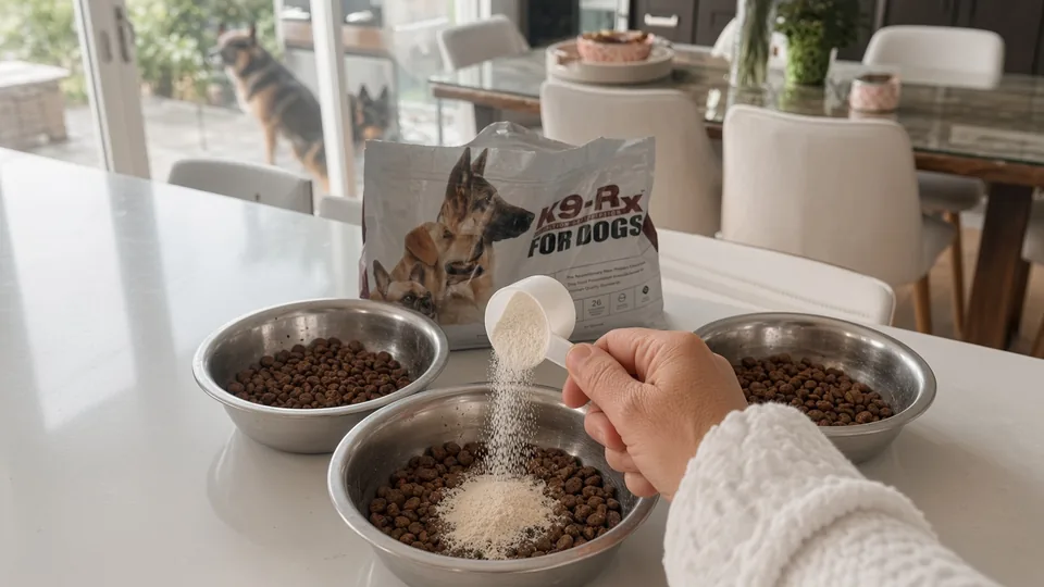 A scoop of K9-Rx powder being sprinkled over a bowl of dry dog food, with two more bowls and a K9-Rx pouch on the counter behind