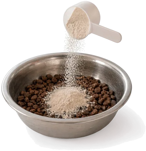 K9-Rx powder being poured from its scoop over dry dog food in a steel bowl